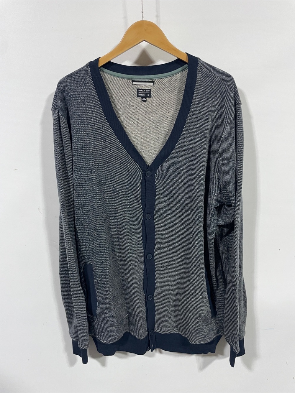 RVCA Men's Gray and Navy V-Neck Button Cardigan